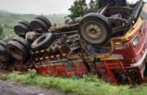 Accident due to overturning of ration grain truck in Akole