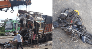 horrific accident involving two cargo trucks and a two-wheeler