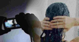 Take a pornographic video of a woman taking a shower from the bathroom